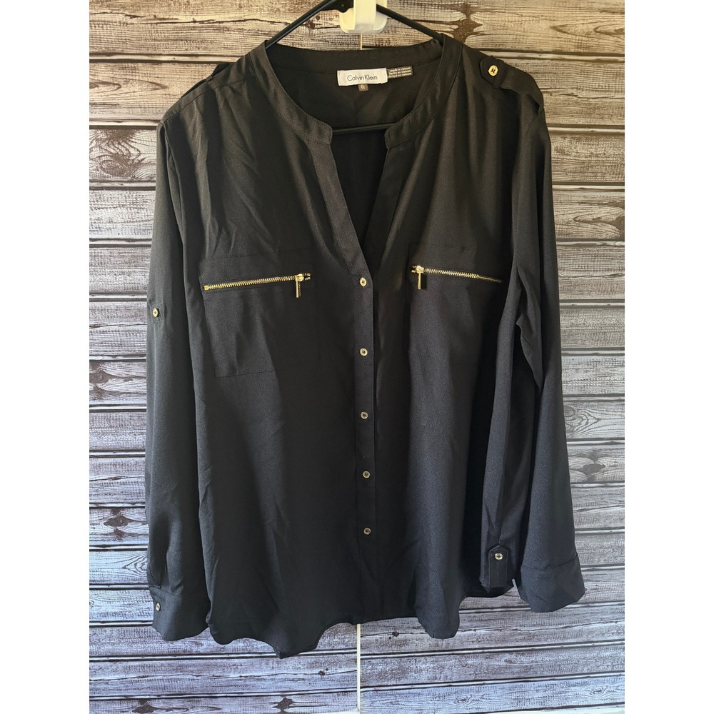 Calvin Klein Women's Long-Sleeved Button-Down Blouse Size XL Black V-Neck